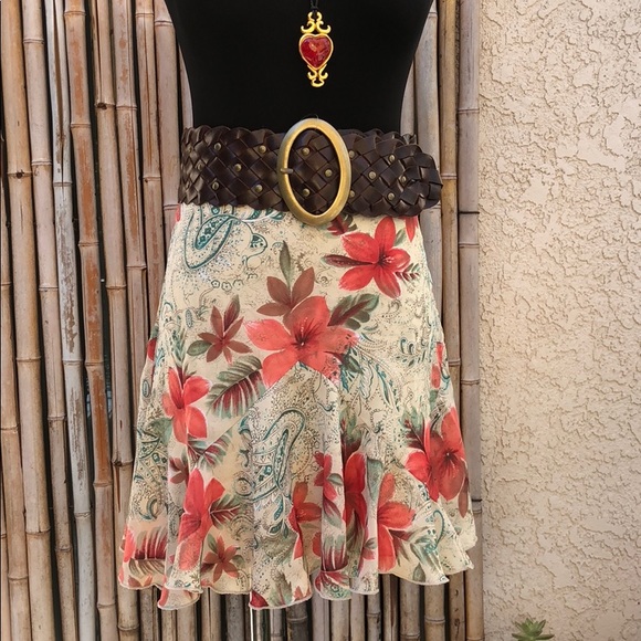 Byer California Dresses & Skirts - BYER CA Cream/Red/Teal Floral Print Ruffle Skirt 9